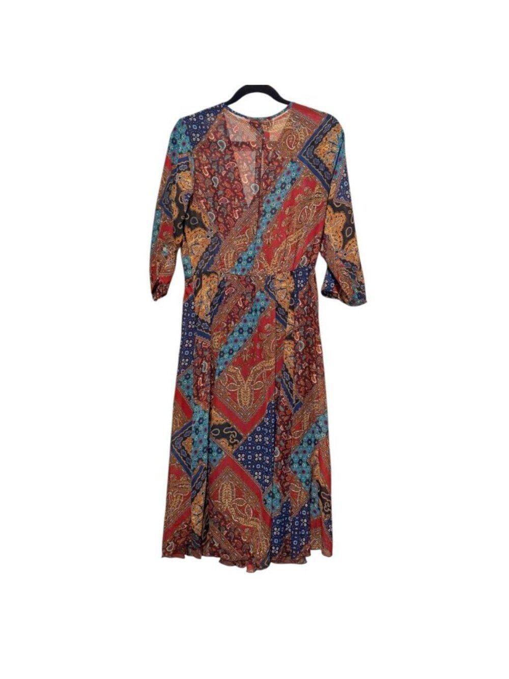 Stella & Julie Sz 12 Brown Patchwork Paisley V-Neck Sheer Chiffon Midi Dress - Picture 2 of 8